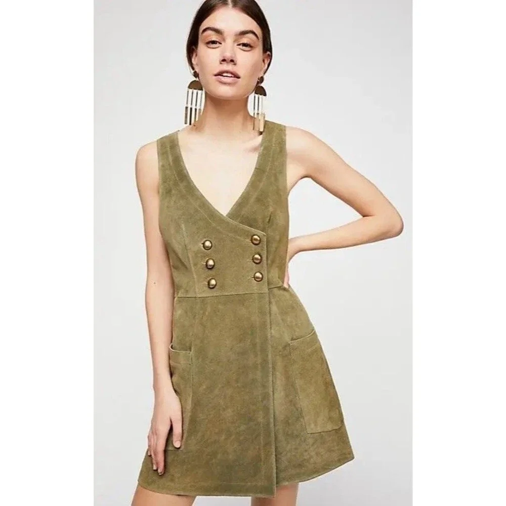 Free People Suede Mini Dress Women Sz 4 Green Genuine Suede Boho Festival GUC - Picture 1 of 14